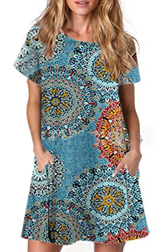 Alaster Queen Sommerkleid Damen Kurzarm Freizeitkleider für Damen Lose T-Shirt Kleider A-Linie Minikleid Kurz mit Taschen Bohemia M von Alaster Queen