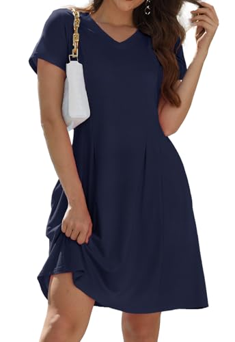 Alaster Queen Sommerkleid Damen Kurzarm Freizeitkleider für Damen Lose T-Shirt Kleider A-Linie Minikleid Kurz mit Taschen Dunkeblau XXL von Alaster Queen