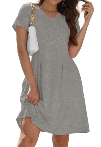 Alaster Queen Sommerkleid Damen Kurzarm Freizeitkleider für Damen Lose T-Shirt Kleider A-Linie Minikleid Kurz mit Taschen Grau S von Alaster Queen