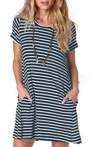 Alaster Queen Sommerkleid Damen Kurzarm Freizeitkleider für Damen Lose T-Shirt Kleider A-Linie Minikleid Kurz mit Taschen Marineblau Gestreift M von Alaster Queen