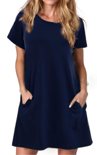 Alaster Queen Sommerkleid Damen Kurzarm Freizeitkleider für Damen Lose T-Shirt Kleider A-Linie Minikleid Kurz mit Taschen Navy Blau XXL von Alaster Queen