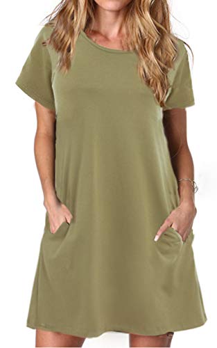 Alaster Queen Sommerkleid Damen Kurzarm Freizeitkleider für Damen Lose T-Shirt Kleider A-Linie Minikleid Kurz mit Taschen Olive Grün L von Alaster Queen