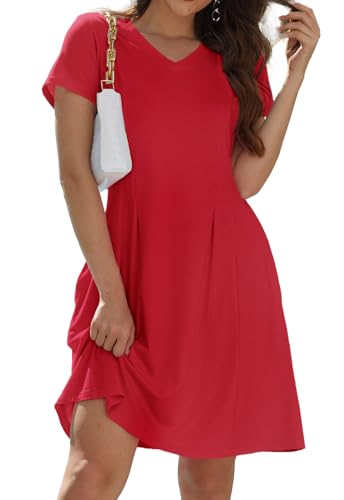 Alaster Queen Sommerkleid Damen Kurzarm Freizeitkleider für Damen Lose T-Shirt Kleider A-Linie Minikleid Kurz mit Taschen Rot XL von Alaster Queen