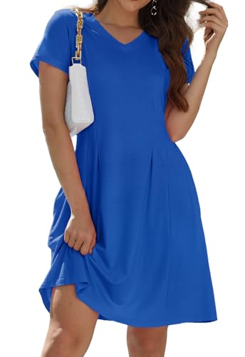 Alaster Queen Sommerkleid Damen Kurzarm Freizeitkleider für Damen Lose T-Shirt Kleider A-Linie Minikleid Kurz mit Taschen Saphirblau S von Alaster Queen