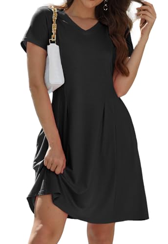 Alaster Queen Sommerkleid Damen Kurzarm Freizeitkleider für Damen Lose T-Shirt Kleider A-Linie Minikleid Kurz mit Taschen Schwarz M von Alaster Queen
