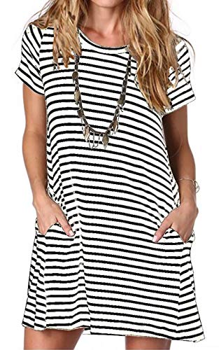 Alaster Queen Sommerkleid Damen Kurzarm Freizeitkleider für Damen Lose T-Shirt Kleider A-Linie Minikleid Kurz mit Taschen eiß gestreift S von Alaster Queen