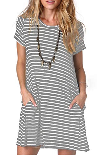 Alaster Queen Sommerkleid Damen Kurzarm Freizeitkleider für Damen Lose T-Shirt Kleider A-Linie Minikleid Kurz mit Taschen grau gestreift S von Alaster Queen