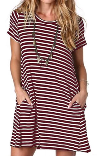 Alaster Queen Sommerkleid Damen Kurzarm Freizeitkleider für Damen Lose T-Shirt Kleider A-Linie Minikleid Kurz mit Taschen rot gestreift L von Alaster Queen