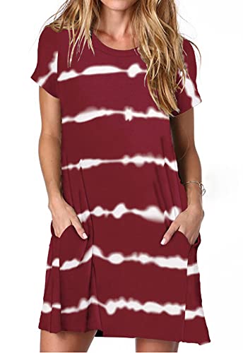 Alaster Queen Sommerkleid Damen Kurzarm Freizeitkleider für Damen Lose T-Shirt Kleider A-Linie Minikleid Kurz mit Taschen rot gewellt gestreift S von Alaster Queen