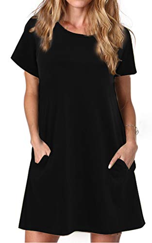Alaster Queen Sommerkleid Damen Kurzarm Freizeitkleider für Damen Lose T-Shirt Kleider A-Linie Minikleid Kurz mit Taschen schwarz XXL von Alaster Queen
