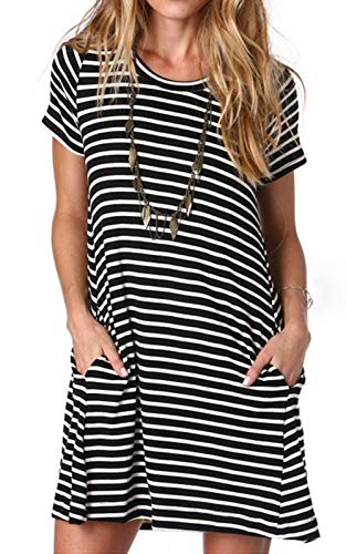 Alaster Queen Sommerkleid Damen Kurzarm Freizeitkleider für Damen Lose T-Shirt Kleider A-Linie Minikleid Kurz mit Taschen schwarz gestreift S von Alaster Queen