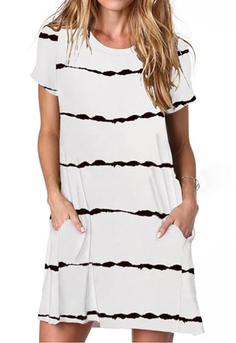 Alaster Queen Sommerkleid Damen Kurzarm Freizeitkleider für Damen Lose T-Shirt Kleider A-Linie Minikleid Kurz mit Taschen weiß gewellt gestreift XL von Alaster Queen