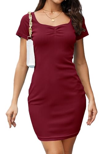 Alaster Queen Sommerkleid Damen Partykleid Figurbetontes Kleid Herzausschnit Bodycon Kleid Damen Minikleid Damen Kurze Ärmel Knielang，Rot，L von Alaster Queen