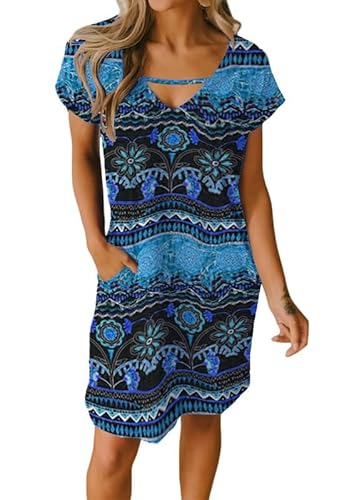 Alaster Queen Sommerkleid Damen Strandkleid T-Shirt Kleid Tunika Knielanges A-Linie Kurzarm mit Taschen V-Ausschnitt Dress Summer von Alaster Queen