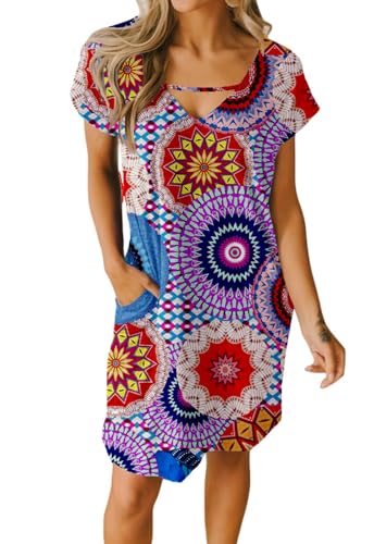Alaster Queen Sommerkleid Damen leicht Strandkleid T-Shirt Kleid Knielanges A-Linie Kurzarm Kleid mit Taschen Damen Kleid V-Ausschnitt Tunika von Alaster Queen