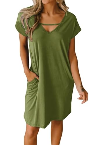 Alaster Queen Sommerkleid Damen leicht Strandkleid T-Shirt Kleid Tunika Kleid Knielanges A-Linie Kurzarm Kleid mit Taschen Damen Kleid V-Ausschnitt，Grün，L von Alaster Queen
