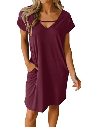 Alaster Queen Sommerkleid Damen leicht Strandkleid T-Shirt Kleid Tunika Kleid Knielanges A-Linie Kurzarm Kleid mit Taschen Damen Kleid V-Ausschnitt，Rot，XL von Alaster Queen