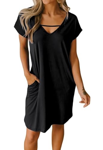 Alaster Queen Sommerkleid Damen leicht Strandkleid T-Shirt Kleid Tunika Kleid Knielanges Kleid A-Linie Kurzarm Kleid mit Taschen Damen Kleid V-Ausschnitt，Schwarz，XXL von Alaster Queen