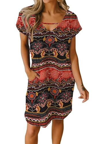 Alaster Queen Sommerkleid Damen leicht Strandkleid T-Shirt Kleid Tunika Kleid Knielanges A-Linie Kurzarm Kleid mit Taschen Damen Kleid V-Ausschnitt von Alaster Queen