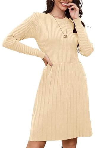 Alaster Queen Strickkleid Damen Herbstkleid WinterKleid Knielang Pulloverkleid Mit Rundhalsausschnitt Langarm Kleid plissiert Warmer Kleid,Aprikose,L von Alaster Queen