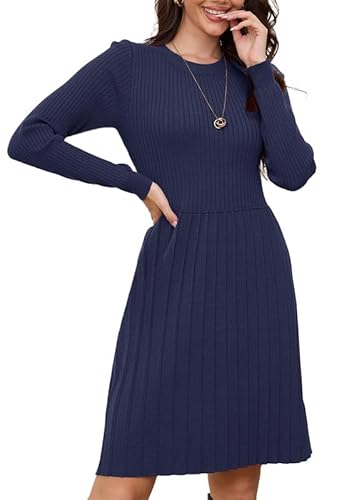 Alaster Queen Strickkleid Damen Herbstkleid WinterKleid Knielang Pulloverkleid Mit Rundhalsausschnitt Langarm Kleid plissiert Warmer Kleid,Blau,M von Alaster Queen