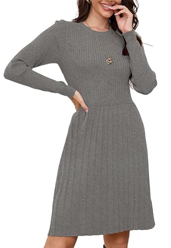 Alaster Queen Strickkleid Damen Herbstkleid WinterKleid Knielang Pulloverkleid Mit Rundhalsausschnitt Langarm Kleid plissiert Warmer Kleid,Grau,XL von Alaster Queen