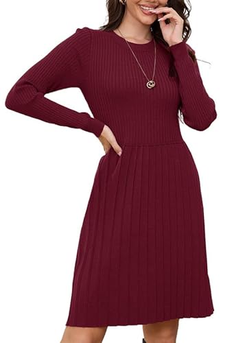 Alaster Queen Strickkleid Damen Herbstkleid WinterKleid Knielang Pulloverkleid Mit Rundhalsausschnitt Langarm Kleid plissiert Warmer Kleid,Rot,L von Alaster Queen