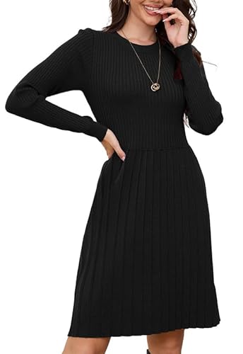 Alaster Queen Strickkleid Damen Herbstkleid WinterKleid Knielang Pulloverkleid Mit Rundhalsausschnitt Langarm Kleid plissiert Warmer Kleid,Schwarz,M von Alaster Queen