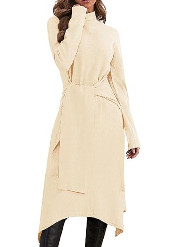 Alaster Queen Strickkleid Damen Lang Winter Herbst Mit Rollkragen Langarm Gürtel Warmer A-Linie, Aprikose, S von Alaster Queen