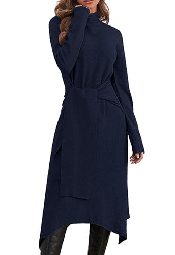 Alaster Queen Strickkleid Damen Lang Winter Kleid Herbst Damen Winterkleid Herbstkleid Pulloverkleid Mit Rollkragen Langarm Kleid Mit Gürtel Warmer Kleid A-Linie,Blau,L von Alaster Queen