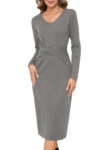 Alaster Queen Strickkleid Damen Lang Winterkleid Pulloverkleid Mit Schlitz V-Ausschnitt Kleid Langarm Warmer Kleid Mit Gürtel Elegant Midikleid Silvest Kleid Winter Herbst Hohe Taille,Grau,M von Alaster Queen