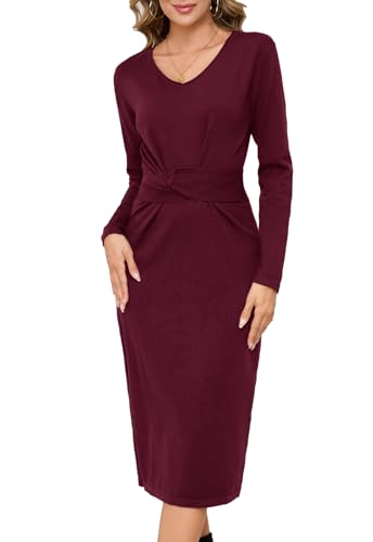 Alaster Queen Strickkleid Damen Lang Winterkleid Pulloverkleid Mit Schlitz V-Ausschnitt Kleid Langarm Warmer Kleid Mit Gürtel Elegant Midikleid Silvest Kleid Winter Herbst Hohe Taille,Rot,M von Alaster Queen