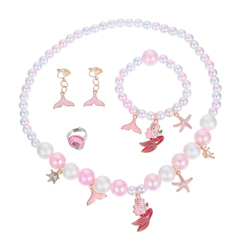 Alasum 4 Stück Meerjungfrau Schmuckset Bunte Perlen Armband Halskette Ring Ohrringe Niedlich Kunststoff für Mädchen Geschenk Party Rollenspiel von Alasum