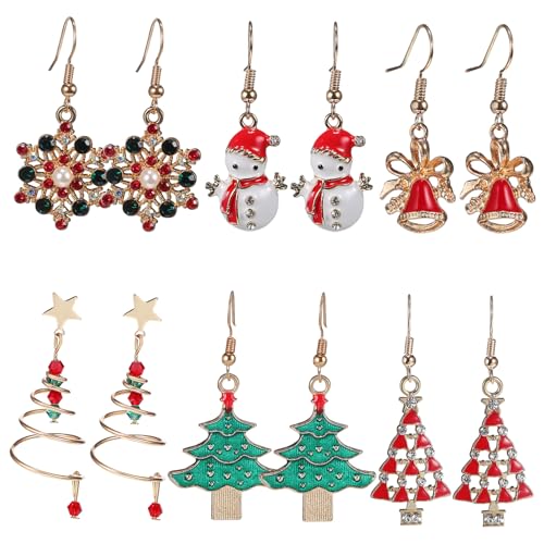 Alasum 6 Paare Weihnachtsohrringe Damen Hängend Kreativ Festliche Baum Glocke Schneeflocke Schneemann Ohrschmuck Geschenkset von Alasum