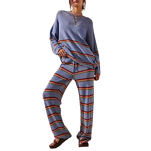 Alaurbeauty 2 Stück Stripe Print Strickanzug Damen Langarm Oberteile Pullover Rundhals Strickpullover und Hosen Zweiteilige Anzug Sportanzug Freizeitanzug Streetanzug Loungewear Set (A-Blue, M) von Alaurbeauty