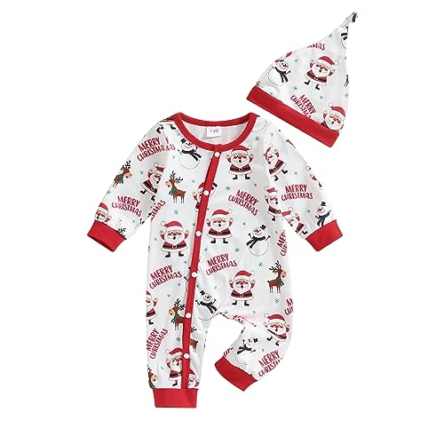 Alaurbeauty Baby Jungen Mädchen Strampler Weihnachten Babykleidung Schlafstrampler Neugeborene Weiche Kleidung Weihnachtsoutfit My First Christmas mit Hut (Rot, 0-3 Months) von Alaurbeauty