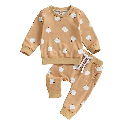 Alaurbeauty Baby Pants Set, Pumpkin Print Long Sleeve Crew Neck Sweatshirt with Elastic Waist Sweatpants Halloween Clothes for Girls Boys (F-Brown, 0-6 Months) von Alaurbeauty