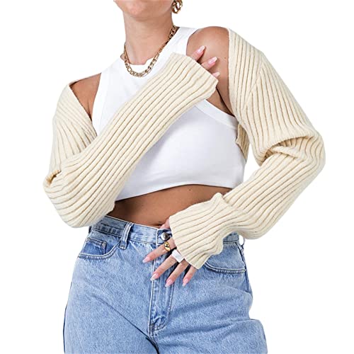 Alaurbeauty Damen Bolero Strick Oberteil Y2K Shrug Pullover Langarm Crochet Knit Crop Tops Shrugs Achselzucken Pullover Cardigan (A-beige, L) von Alaurbeauty