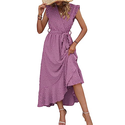 Alaurbeauty Damen Casual Kleid Sommer Kurz Kleider Elegant Blusekleid Freizeitkleid Locker Kleider Mit HalbäRmeln (E-Violett, S) von Alaurbeauty