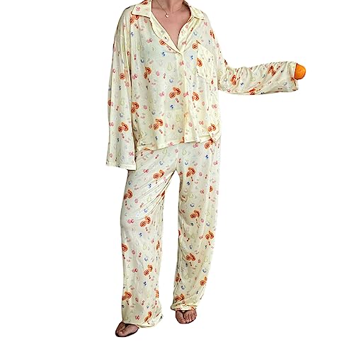 Alaurbeauty Damen Cute Schlafanzug-Set Langärmliges Hemd und Lange Hose Schlafanzug Damen Pyjama Set Lang Y2k Sleepwear (A-Gelb, M) von Alaurbeauty