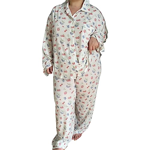 Alaurbeauty Damen Cute Schlafanzug-Set Langärmliges Hemd und Lange Hose Schlafanzug Damen Pyjama Set Lang Y2k Sleepwear (A-Weiß, L) von Alaurbeauty