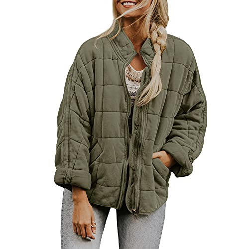 Alaurbeauty Damen Dolman Leichte Steppjacken Casual Langarm Reißverschluss Stehkragen Jacke Winterjacke Mode Kurz Coat Gepolsterter Mantel Winter Outwear (A-Grün, Large) von Alaurbeauty