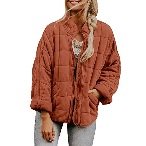 Alaurbeauty Damen Dolman Leichte Steppjacken Casual Langarm Reißverschluss Stehkragen Jacke Winterjacke Mode Kurz Coat Gepolsterter Mantel Winter Outwear (A-Ziegelrot, Small) von Alaurbeauty