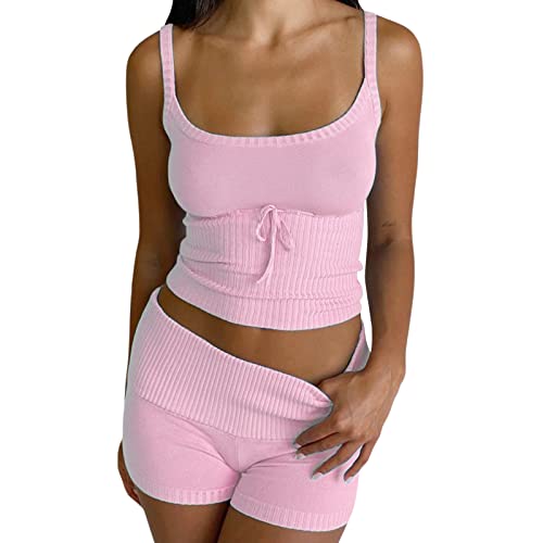 Alaurbeauty Damen Gerippte Strick Outfits 2-Teilige Y2K Spaghettiträger Crop Top Shorts mit Elastischer Taille Lounge Set Sommer Streetwear (A-Rosa, L) von Alaurbeauty