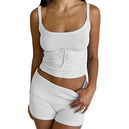 Alaurbeauty Damen Gerippte Strick Outfits 2-Teilige Y2K Spaghettiträger Crop Top Shorts mit Elastischer Taille Lounge Set Sommer Streetwear (A-Weiss, M) von Alaurbeauty