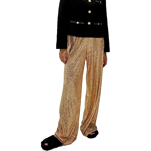 Alaurbeauty Damen Glitzer Pailletten Lange Lose Hosen Bling Sparkly Joggerhosen Lässig Elastisch Hohe Taille Business Hosen für Arbeit Büro Streetwear (Gold, L) von Alaurbeauty