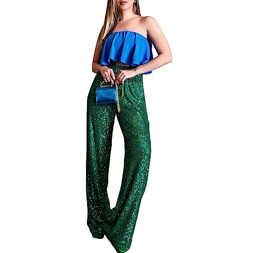 Alaurbeauty Damen Glitzer Pailletten Lange Lose Hosen Bling Sparkly Joggerhosen Lässig Elastisch Hohe Taille Business Hosen für Arbeit Büro Streetwear (Grün, L) von Alaurbeauty