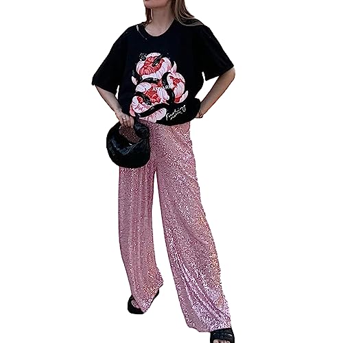 Alaurbeauty Damen Glitzer Pailletten Lange Lose Hosen Bling Sparkly Joggerhosen Lässig Elastisch Hohe Taille Business Hosen für Arbeit Büro Streetwear (Rosa, M) von Alaurbeauty