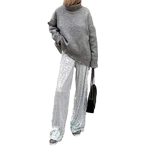 Alaurbeauty Damen Glitzer Pailletten Lange Lose Hosen Bling Sparkly Joggerhosen Lässig Elastisch Hohe Taille Business Hosen für Arbeit Büro Streetwear (Silber, L) von Alaurbeauty