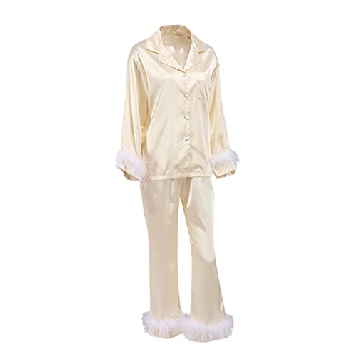 Damen Schlafanzug Set, Satin Langarm Pyjamas Set Zweiteiliger Nachtwäsche Mit Knöpfen und Federn Sleepwear Loungewear PJs (Champagner, M) von Alaurbeauty